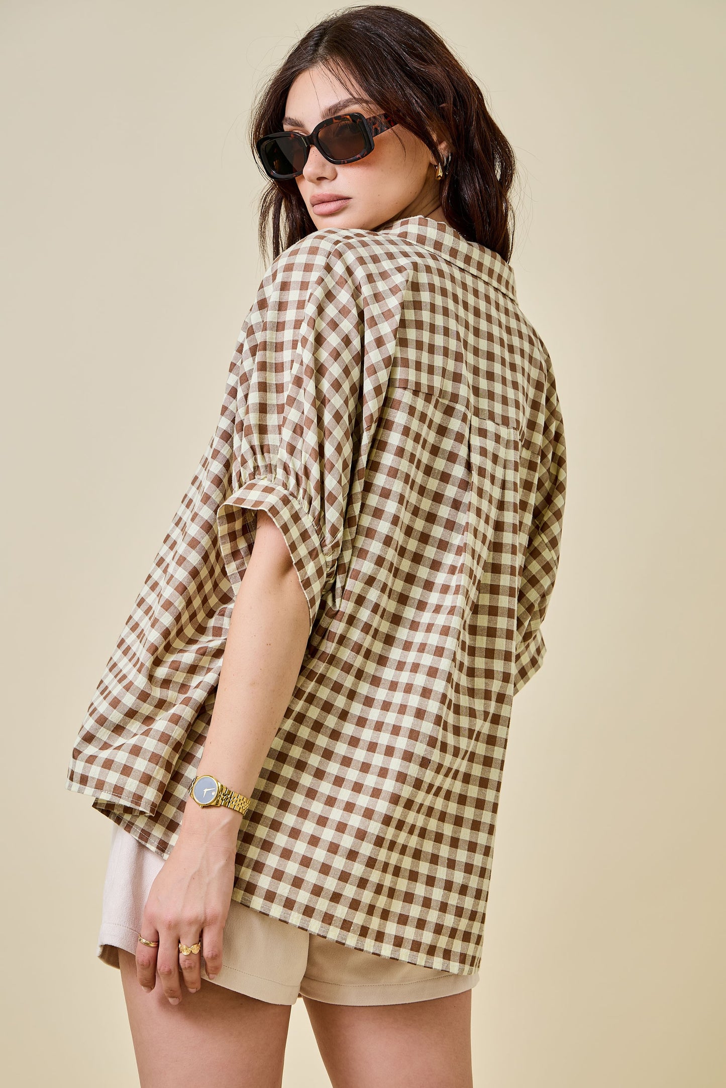 Button Down Textured Gingham Oversized Shirt