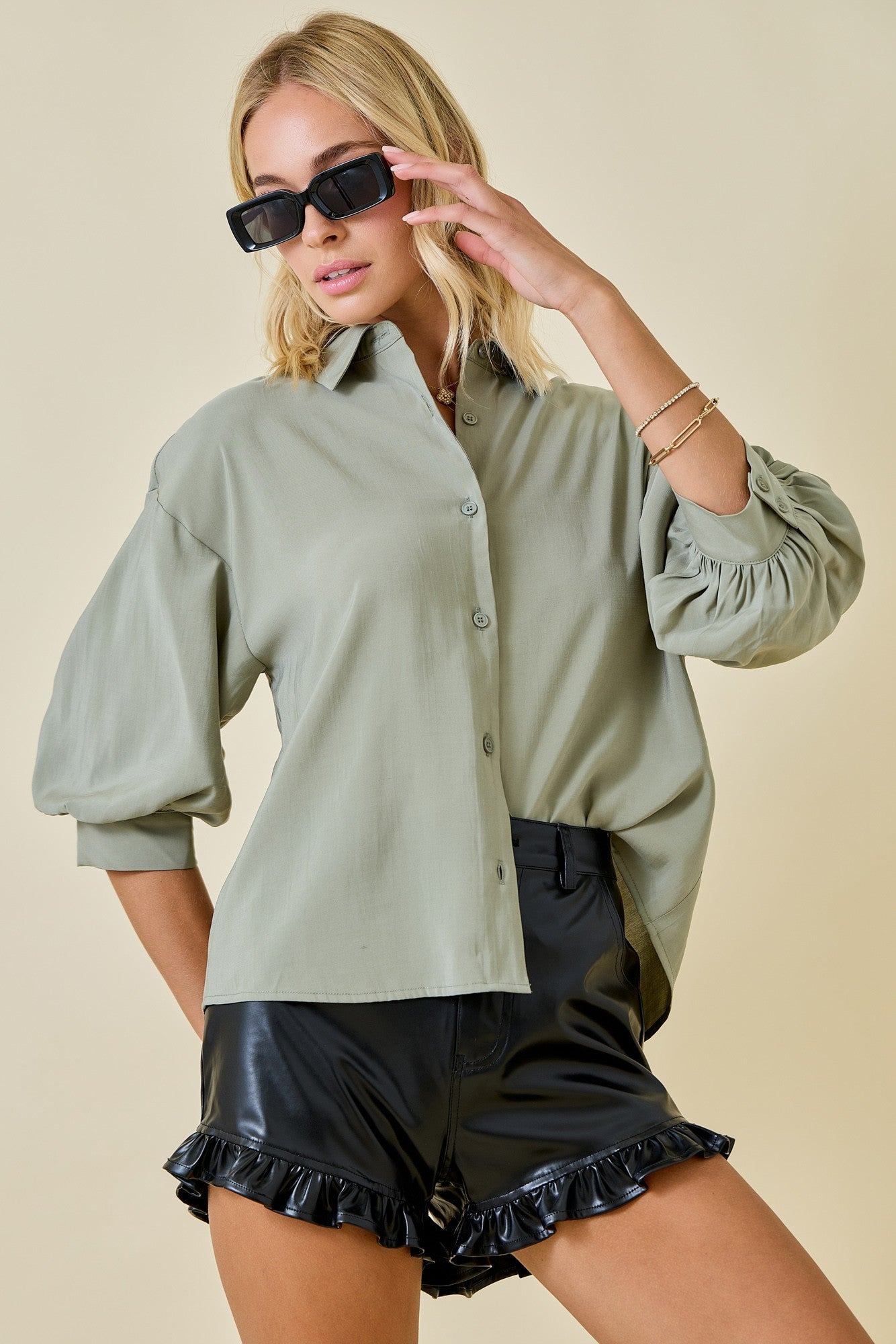 Button Down Collared Shirt With 3/4 Puff Sleeve