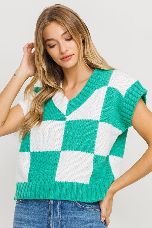 Short Sleeve Checkered Sweater