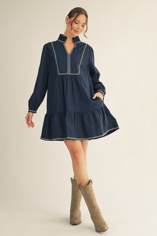 Ruffled Neckline Solid Casual Dress