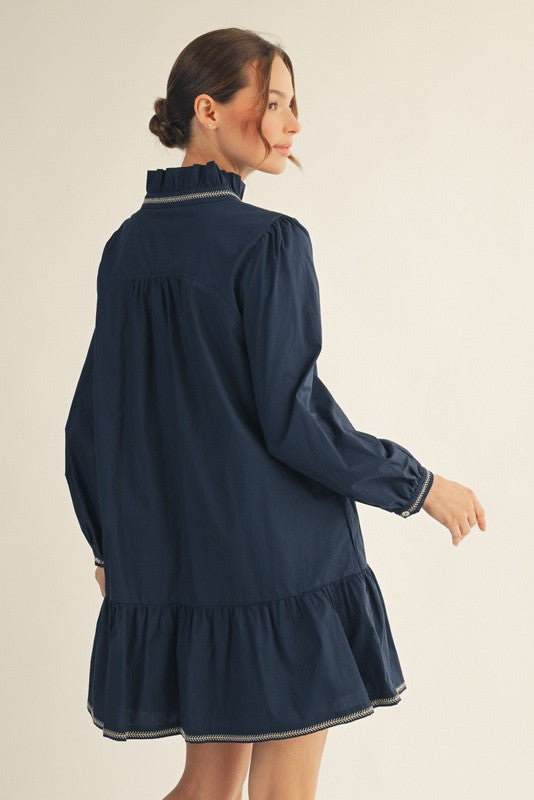Ruffled Neckline Solid Casual Dress