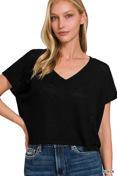 V-Neck Drop Shoulder Slub Hacci Crop Top